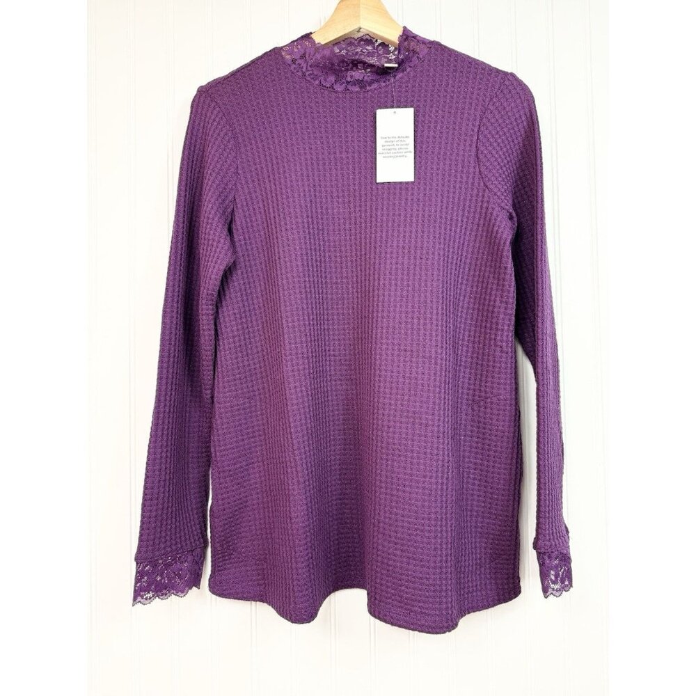 LOGO Lori Goldstein Shirt Womens XS Purple Metallic Waffle Knit Lace NWOT